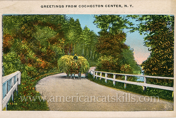 This vintage postcard taken at Cochecton Center in Sullivan County, New York depicts a farmer sitting atop a horse-drawn wagon loaded with hay.