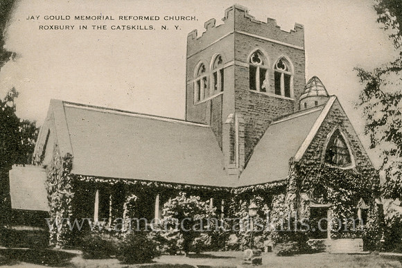 Vintage Catskills postcard of the Jay Gould Memorial Reformed Church in Roxbury, New York.