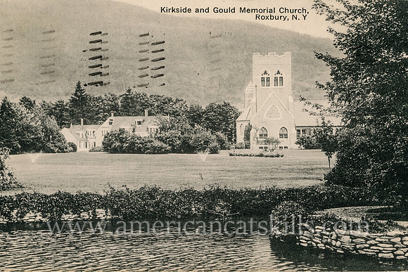 Vintage Catskills postcard of Kirkside Park and the Jay Gould Memorial Church at Roxbury in Delaware County, New York.