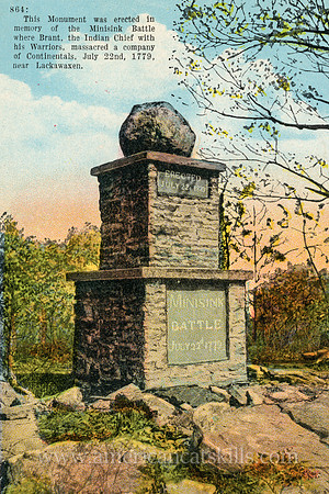 Vintage postcard depicting the stone memorial to The Battle of Minisink Ford, which took place during the American Revolution on July 22, 1879. The battle monument was dedicated in 1879 on the centenn