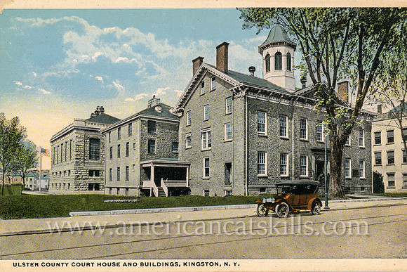 Vintage Catskills postcard of the Ulster County Courthouse in the historic Stockade District of Kingston, New York.