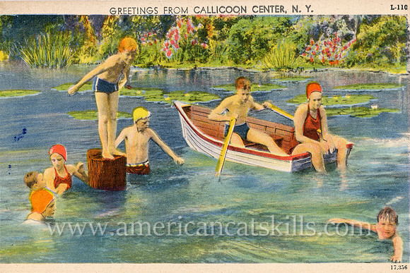 This vintage postcard depicts a fun scene at Callicoon Center with eight children playing and swimming in the water, with two of the children in a rowboat.