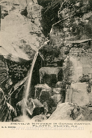This vintage Catskills postcard published by G. S. Young depicts the fearsome Devil’s Kitchen in Platte Clove.