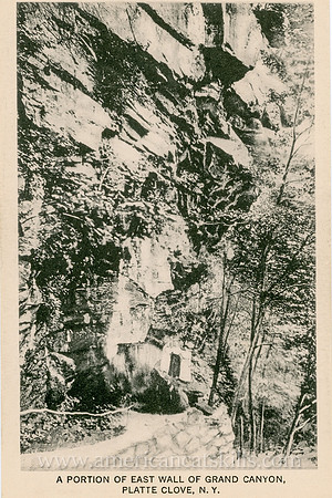 This vintage Catskills postcard depicts the sheer rock walls of the chasm that has previously been known as the Grand Canyon, today referred by its geographical name of Platte Clove.