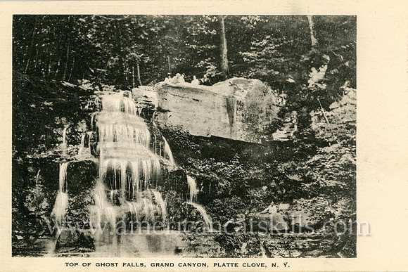 This vintage Catskills postcard depicting that aptly named Ghost Falls in Platte Clove was published by G. S. Young, proprietor of the nearby Grand Canyon House.