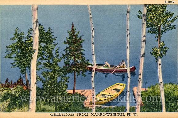 This vintage Catskills postcard titled “Greetings from Narrowsburg, N.Y.” depicts an idyllic lake scene with two young boys taking a rowboat out on the water.