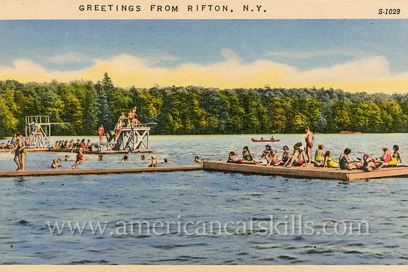 A fun-filled swimming scene is the subject of this vintage Catskills postcard titled “Greetings from Rifton, N.Y.” published by Curt Teich & Company.
