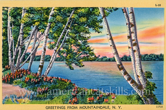 The postcard titled “Greetings from Mountaindale, N.Y.” offers a vividly colored lake scene.