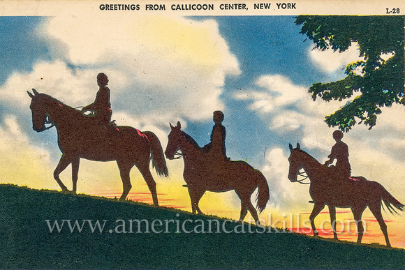 Three horseback riders are beautifully silhouetted against partly cloudy skies in this vintage Catskills postcard titled “Greetings from Callicoon Center, New York.”
