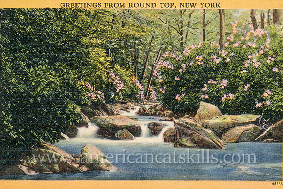 A small waterfall flows downstream along a thickly flowered riverside in this vintage postcard titled “Greetings from Round Top, New York.”