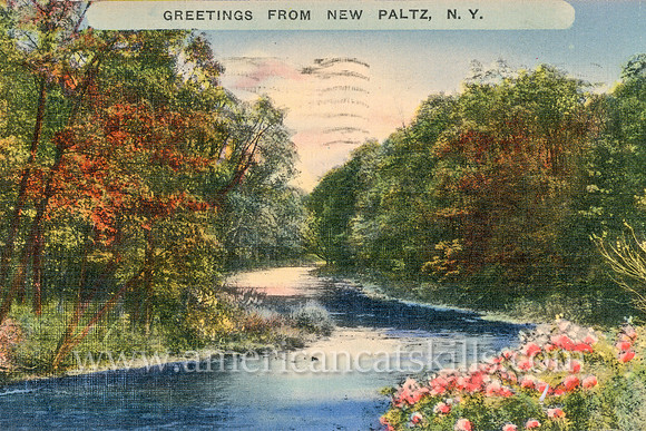 This vintage postcard titled “Greetings from New Paltz, N.Y.”, published by the Kingston News Service located at Kingston, New York, depicts a peaceful river scene with beautiful flowers and a thickly
