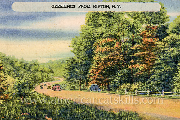 Numerous cars zoom along the country highway in this vintage postcard titled “Greetings from Rifton, N.Y.”