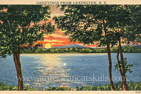 A bright sun descends beyond the mountains in this beautiful vintage postcard titled “Greetings from Lexington, N.Y.”
