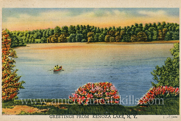 A lone rowboat peacefully glides along a lake in this vintage postcard titled “Greetings from Kenoza Lake, N.Y.”