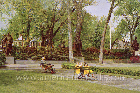 Vintage postcard of the Academy Green in Kingston, New York, home to monuments of Peter Stuyvesant, Henry Hudson and George Clinton.