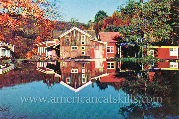 Vintage postcard of the Hanford Mills museum, located on Kortright Creek in East Meredith, that offers numerous educational programs, a nature trail, informative exhibits and tours, blacksmith demonst