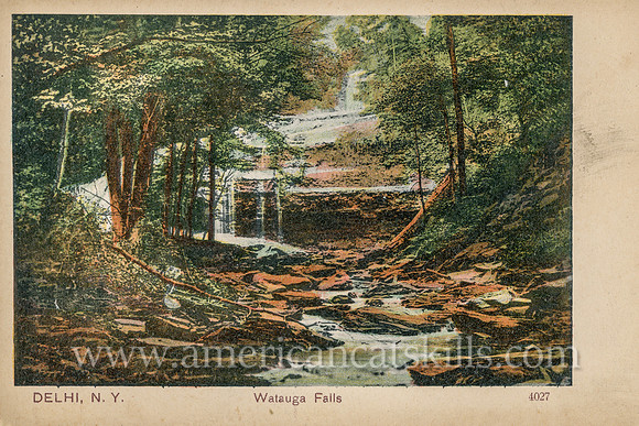Vintage postcard of Watauga Falls at Delhi in Delaware County, New York.