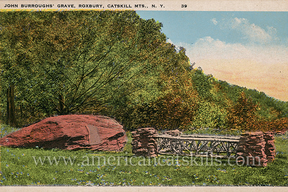 Vintage postcard depicting the grave site of John Burroughs as well as his Boyhood Rock, located at the John Burroughs Memorial State Historic Site at Roxbury in Delaware County, New York.