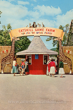 Vintage postcard depicting the entrance of the historic Catskill Game Farm, a former zoo and cultural icon, located at Catskill in Greene County, New York.