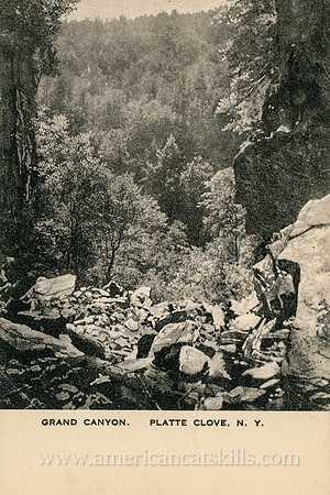 This vintage postcard depicts the extremely rugged rocks and cliffs of what was historically known as the Grand Canyon, but is today generally referred to as Platte Clove.