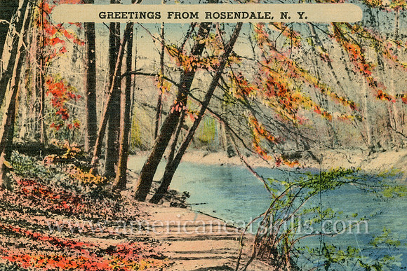 A quiet riverside scene is depicted in this vintage Catskills postcard titled “Greetings from Rosendale, N.Y.”