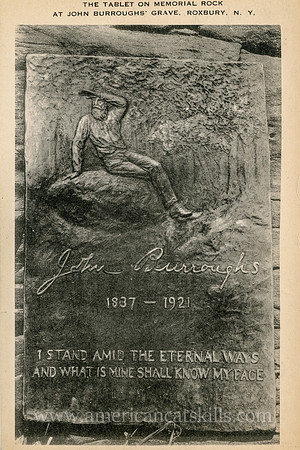 Vintage postcard depicting the bronze plaque attached to Boyhood Rock at the burial site of famed author John Burroughs at Roxbury in Delaware County, New York.