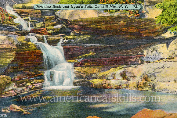 Vintage postcard depicting Shelving Rock and Nyad’s Bath on Kaaterskill Creek near Haines Falls.