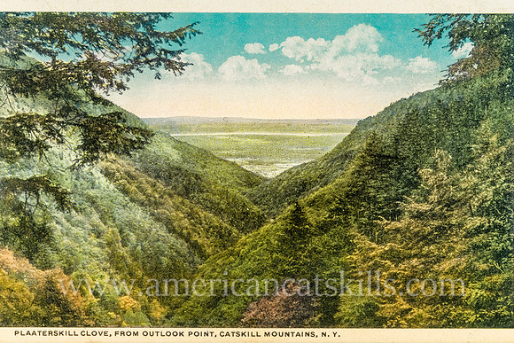 Vintage Catskills postcard published by Charles W. Hughes of the beautiful landscape as seen from an overlook in Platte Clove.