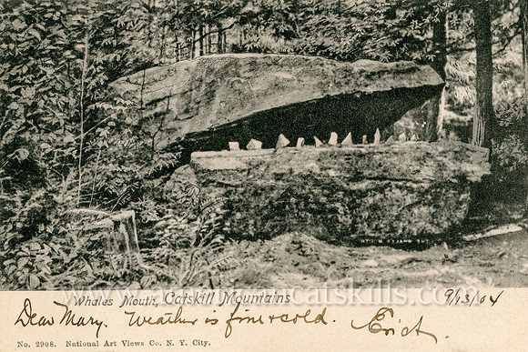 Vintage postcard titled “Whales Mouth” that depicts a glacial erratic in the Catskills; the erratic has also been known as the Shark’s Jaw, but is most popularly known as Alligator Rock.