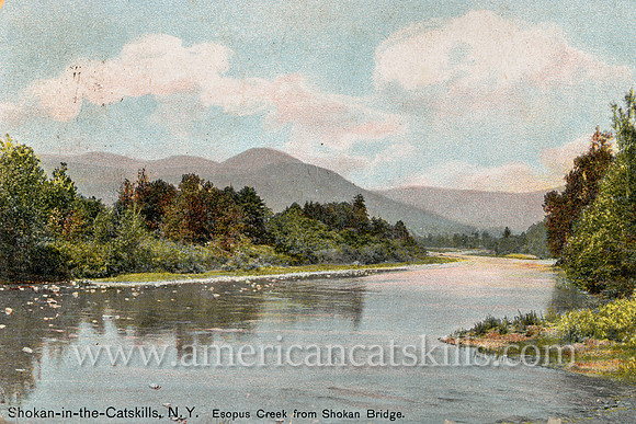 Vintage Catskills postcard depicting the Esopus Creek at the hamlet of Shokan.