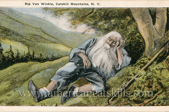 Vintage Catskills postcard depicting Rip Van Winkle as he takes his 20-year nap.