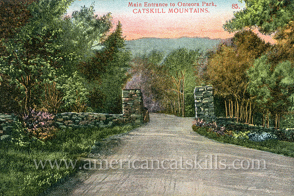 Vintage Catskills postcard depicting the main entrance to the residential community of Onteora Park near Tannersville, New York.