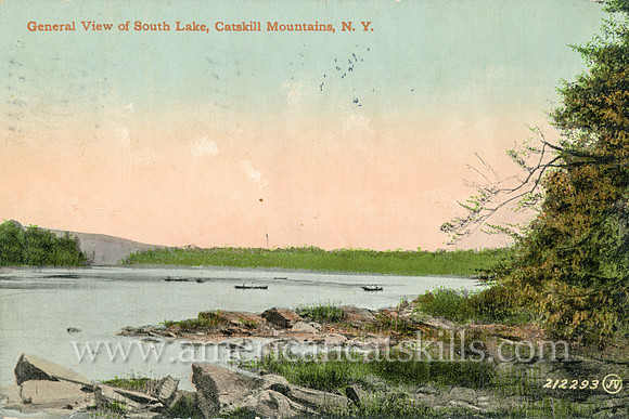 Vintage Catskills postcard depicting South Lake, at what is today known as the North-South Lake Campground.