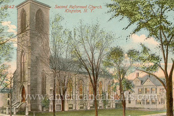 Vintage postcard of the Second Reformed Church in the Stockade District of uptown Kingston, New York.