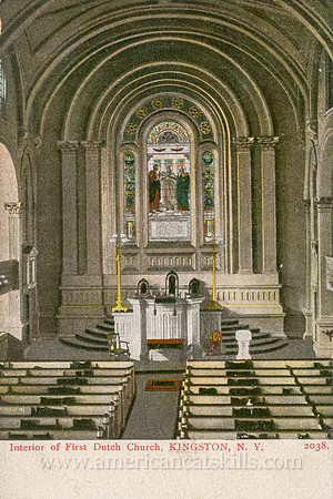 Vintage postcard of the interior of the historic Old Dutch Church in the Stockade District of Kingston, New York.