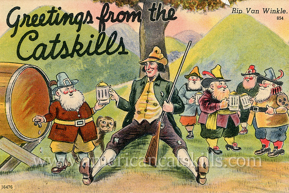 Vintage postcard with the title “Greetings from the Catskills” depicting happy Rip Van Winkle as he takes another round of liquor from his friends.