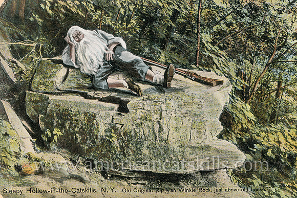 Vintage Catskills postcard depicting sleepy Rip Van Winkle as he takes his 20-year nap on Rip’s Rock in Sleepy Hollow.
