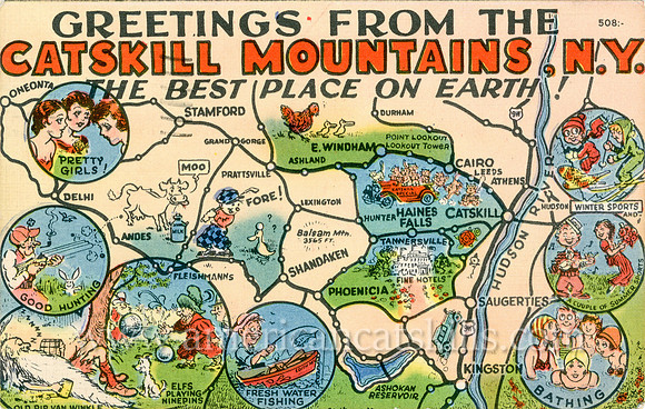This vintage postcard titled “Greetings from the Catskill Mountains, N.Y.” depicts many of the reasons to visit the region.