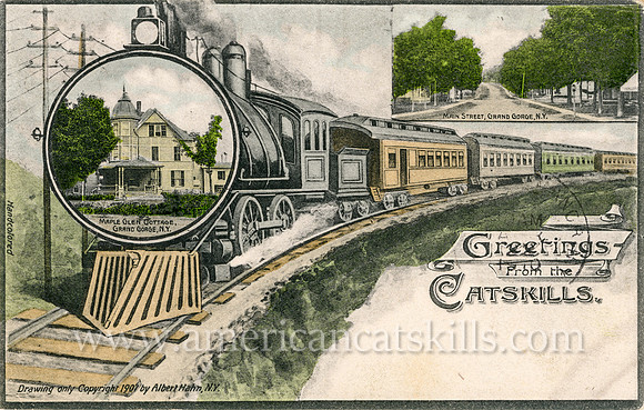 This elegant postcard titled “Greetings from the Catskills” depicts the train as it makes its way to Grand Gorge, New York.