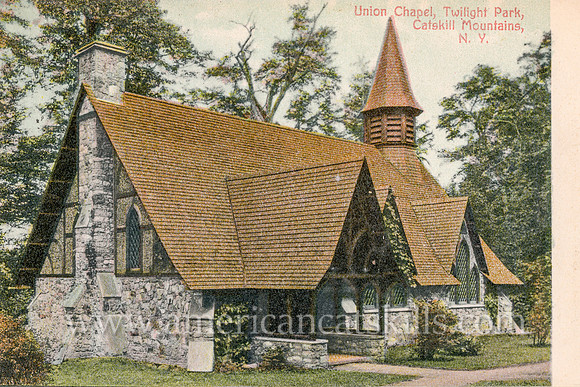 Vintage postcard of the Union Chapel at the small residential community of Twilight Park at Haines Falls in Greene County, New York.