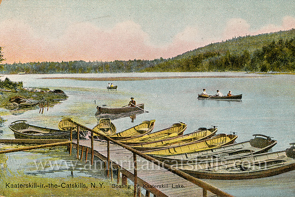 Vintage postcard depicting the rowboats and boaters out on what was known as Kaaterskill Lake, today referred to as North-South Lake.