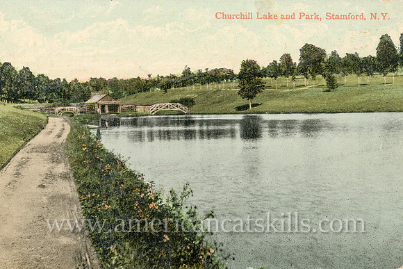 Vintage Catskills postcard titled “Churchill Lake and Park, Stamford, N. Y.” published by George W. Lawrence.