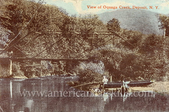 This vintage Catskills postcard depicts two young boys as they fish along the shores of the Oquaga Creek in Deposit, New York.