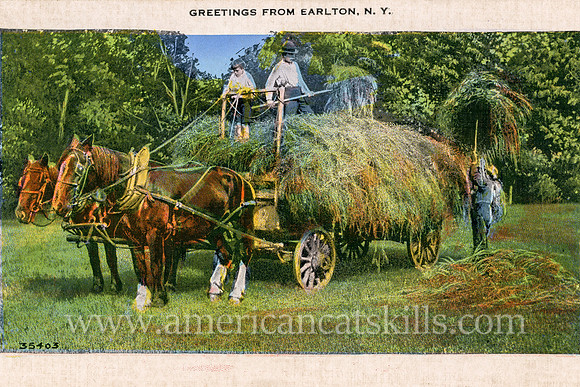 Vintage postcard titled “Greetings from Earlton, N.Y.” that depicts a father and his two sons loading the season’s hay into a horse-drawn wagon.