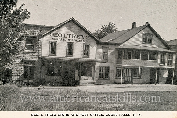 Vintage postcard published by A. Biren titled “Geo. I. Treyz Store and Post Office, Cooks Falls, N.Y.”