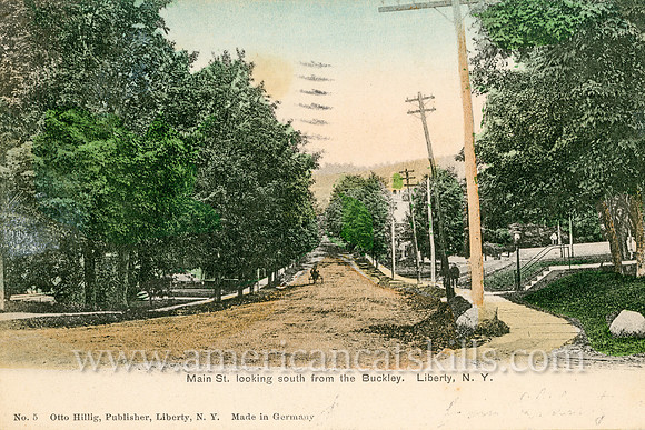 Vintage postcard depicting Main Street in the village of Liberty in Sullivan County, New York that was published by Otto Hillig.