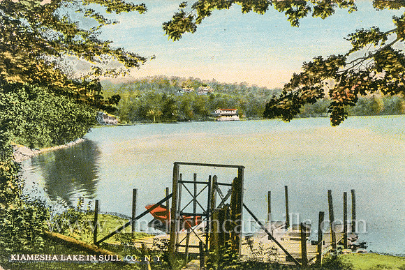 Vintage postcard published by photographer Otto Hillig depicting the beautiful scene at Kiamesha Lake in Sullivan County, New York.