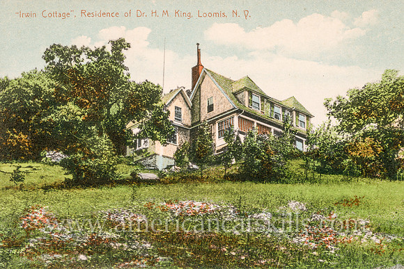 Vintage postcard published by photographer Otto Hillig depicting Irwin Cottage, the home of Doctor H. M. King at Loomis in Sullivan County, New York.