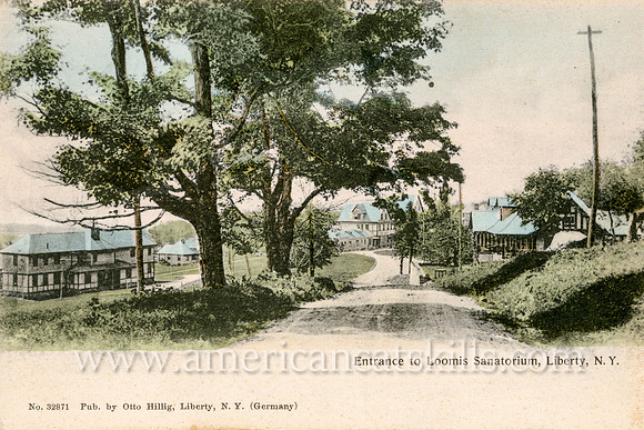 Vintage Catskills postcard by photographer Otto Hillig showing the entrance to the Loomis Sanatorium near the village of Liberty in Sullivan County, New York.