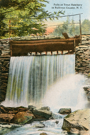 Vintage Catskills postcard by photographer Otto Hillig depicting a beautiful waterfall at the trout hatchery in Sullivan County, New York.